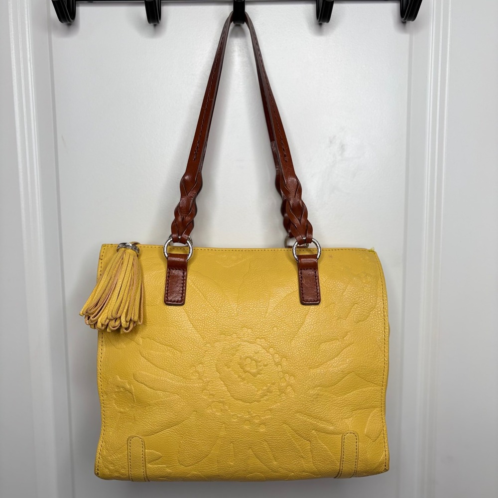 Brighton Valencia Yellow Leather Floral Embossed Tote Bag Retro Western Bohemian